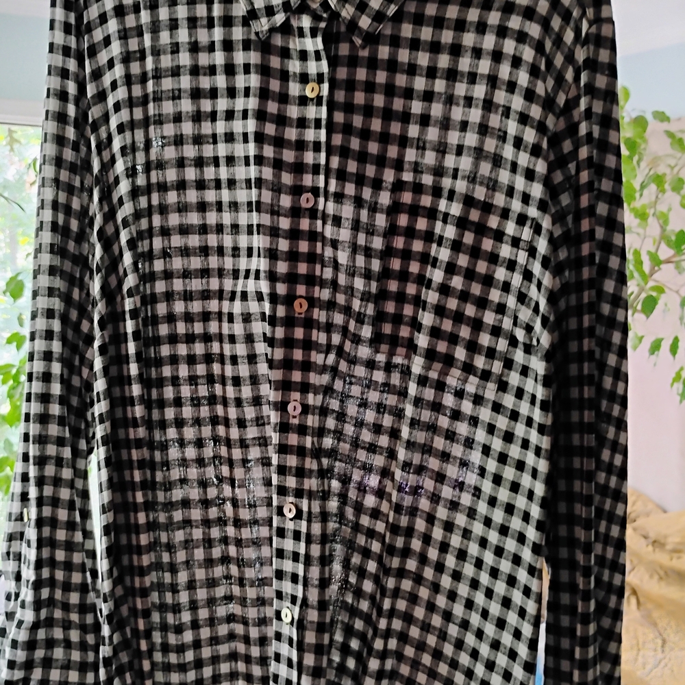 Susan Graver Black and White Check Linen Blend Big Shirt
